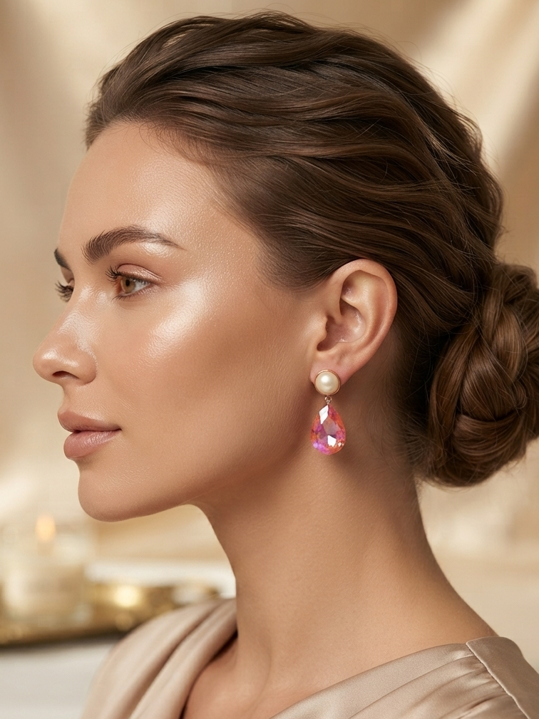 Oval Shaped Drop Pink Stone Earring
