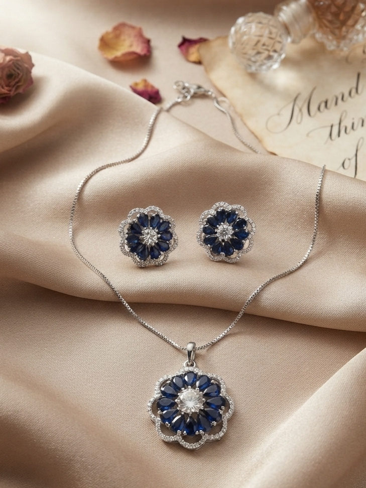 Meraki Blue Lace Agate & Sapphire Color Circle Pendant Set