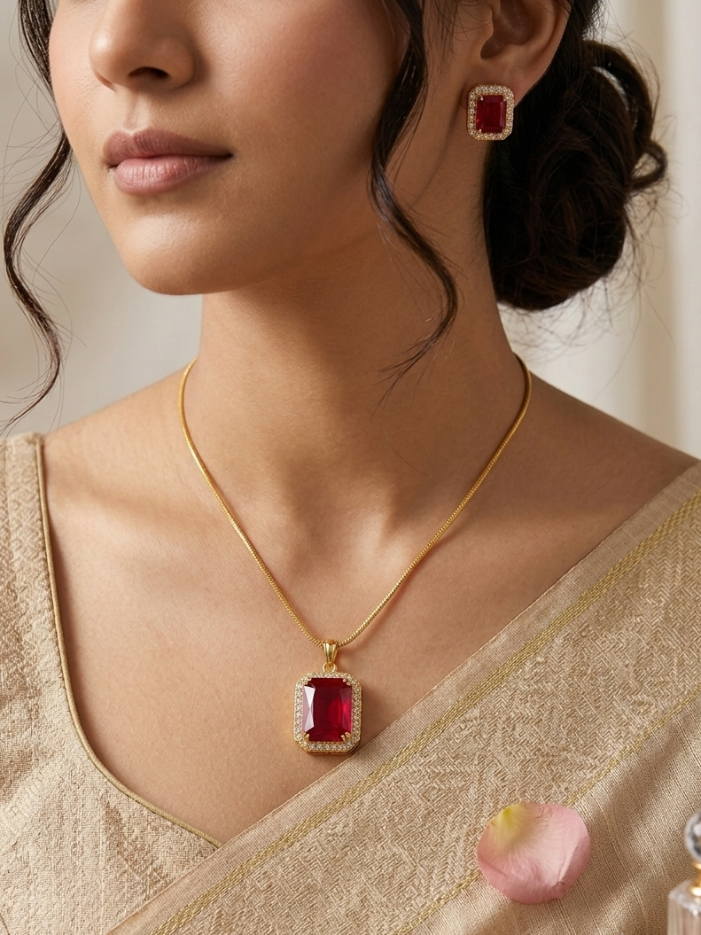 Meraki Gold plated Studded Pendant with Earrings