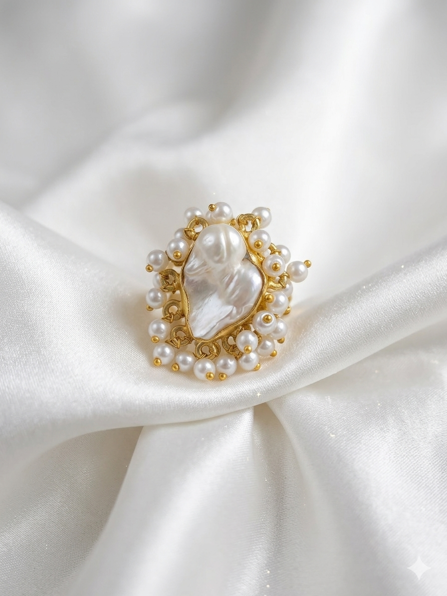 Meraki White Stone Pearl Studded Adjustable Ring