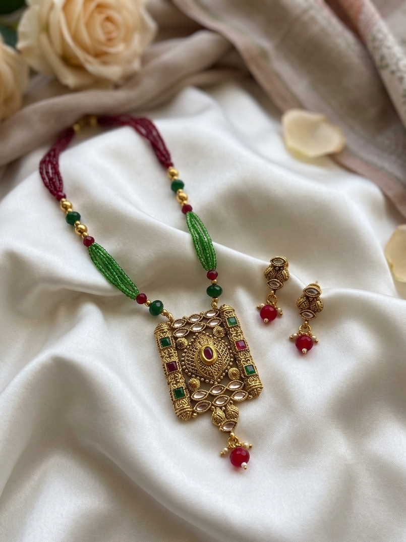 Gold Plated Long Necklace With Earrings