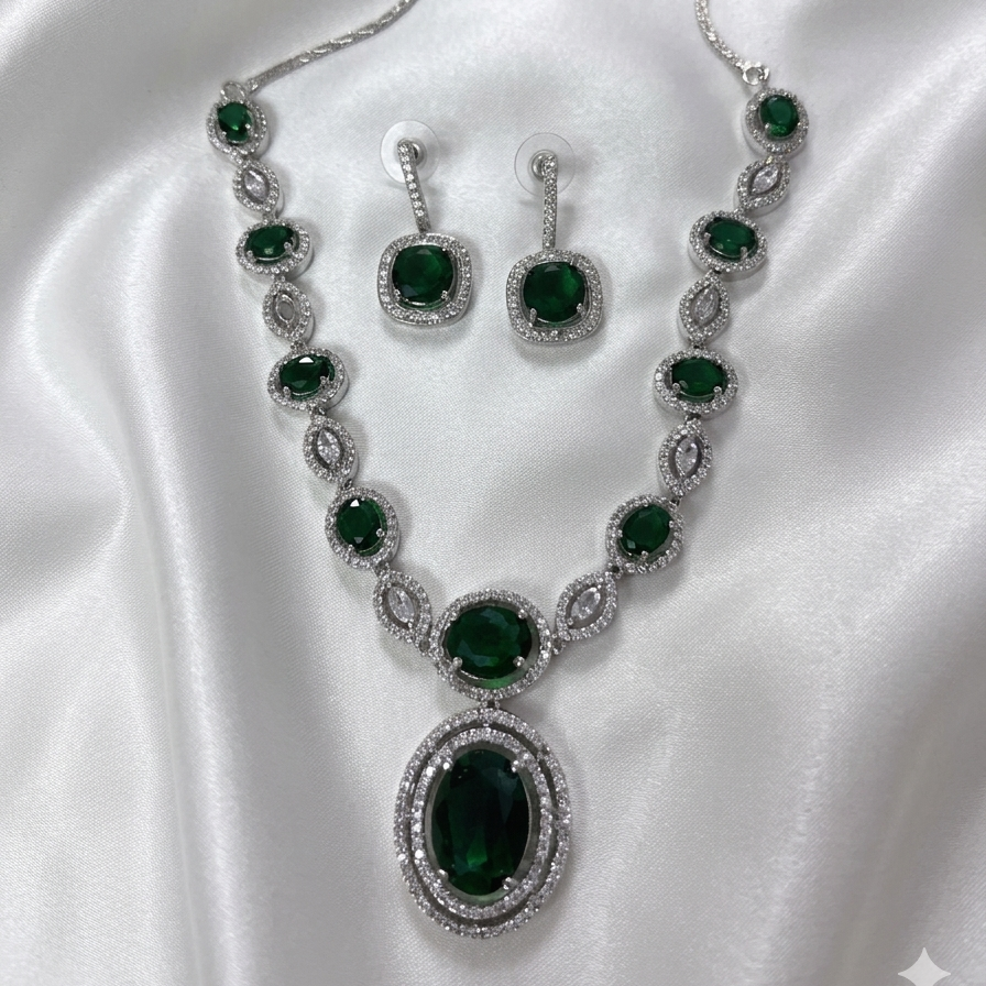 Rhodium Plated Round Shaped Necklace Set