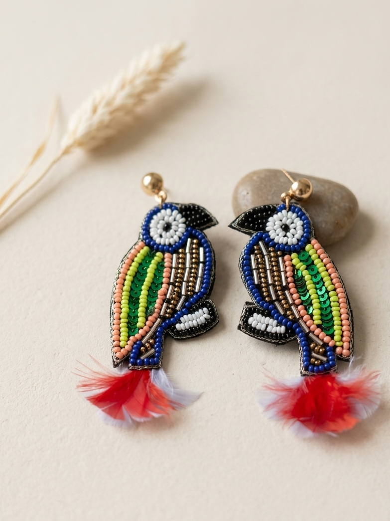 Multicolor Beads Bird Earrings