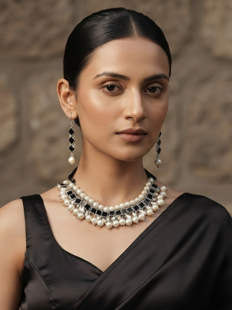 White Beads Round Pearl String Necklace with Earrings