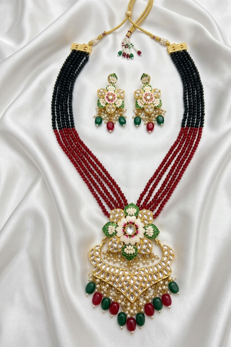 Flower Design Kundan Long Necklace Set