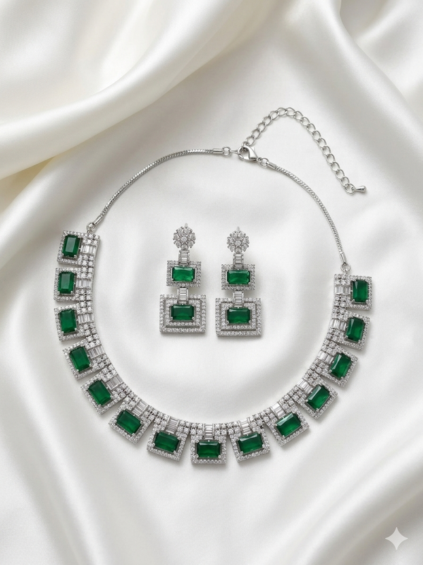 Rhodium Plated Emerald Green Zirconia Droplet Necklace Set