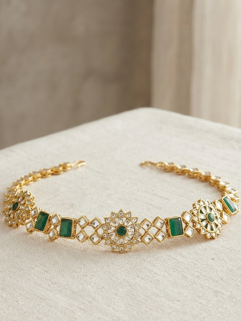 Meraki Gold Plated Green Stone Studded Kundan Mathapatti