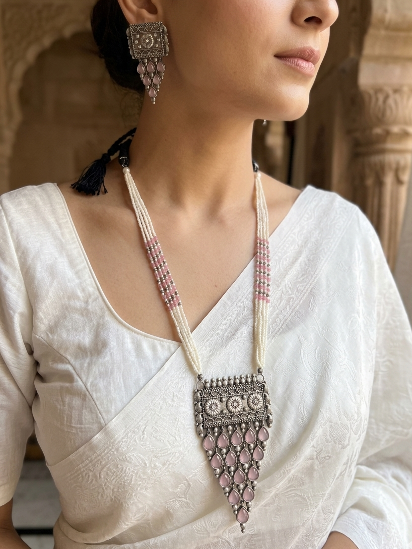 Afghani Tribal Antique Boho Pink Stone Pearl Necklace with Earrings