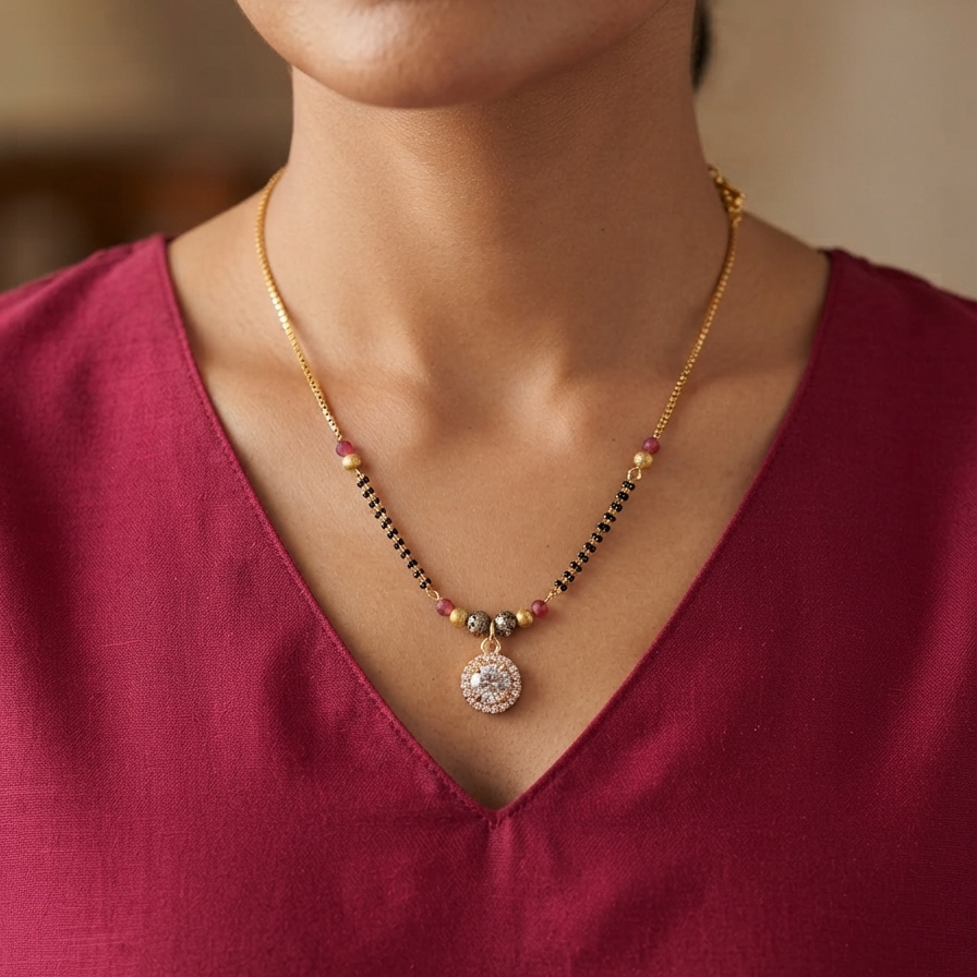 Diamond Studded Mangalsutra Gold Chain And Black Pearl