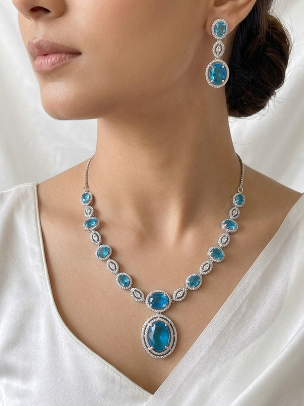 Rhodium Plated Round Shaped Necklace Set