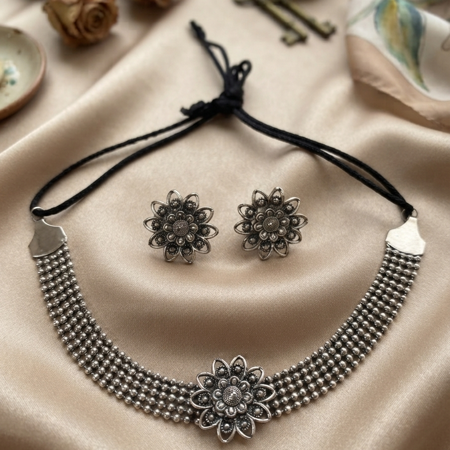 Meraki Oxidized Silver Plated Flower Shaped Choker Set