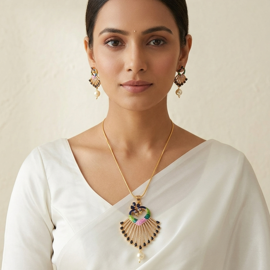 Pearl Drop Multicolor Peacock Design Pendant Set