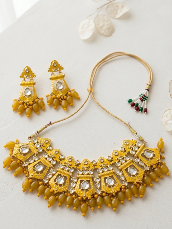Meraki Yellow Kundan Choker with hanging Stones