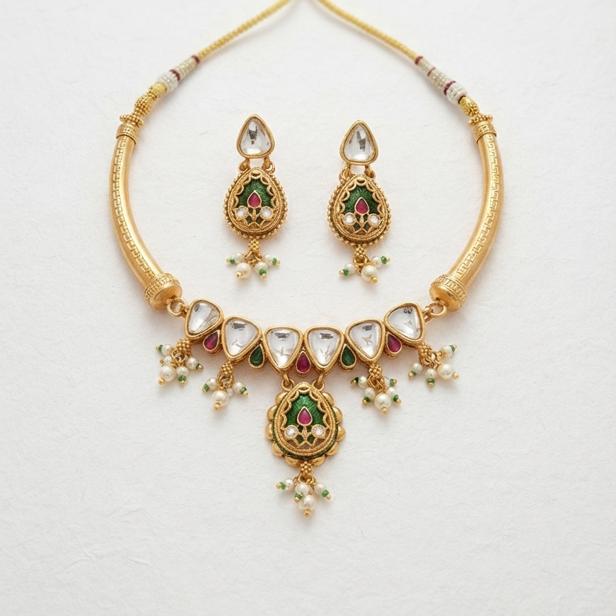 Meraki Gold Plated Kundan Hansli Choker Set