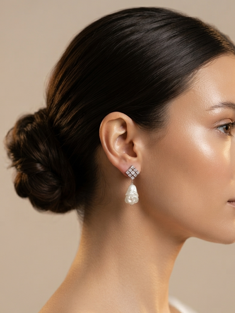 Geometrical rose White Pearl Drop Earrings