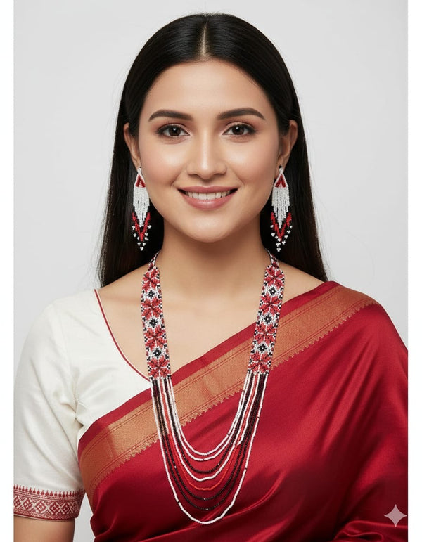 Meraki Trends Red & White Ukrainian Beaded Long Set