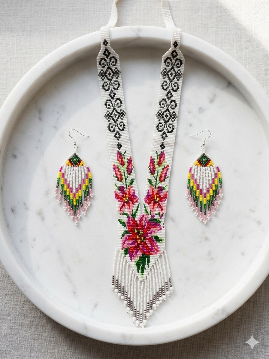 White Pink Beaded Handmade Neckpiece