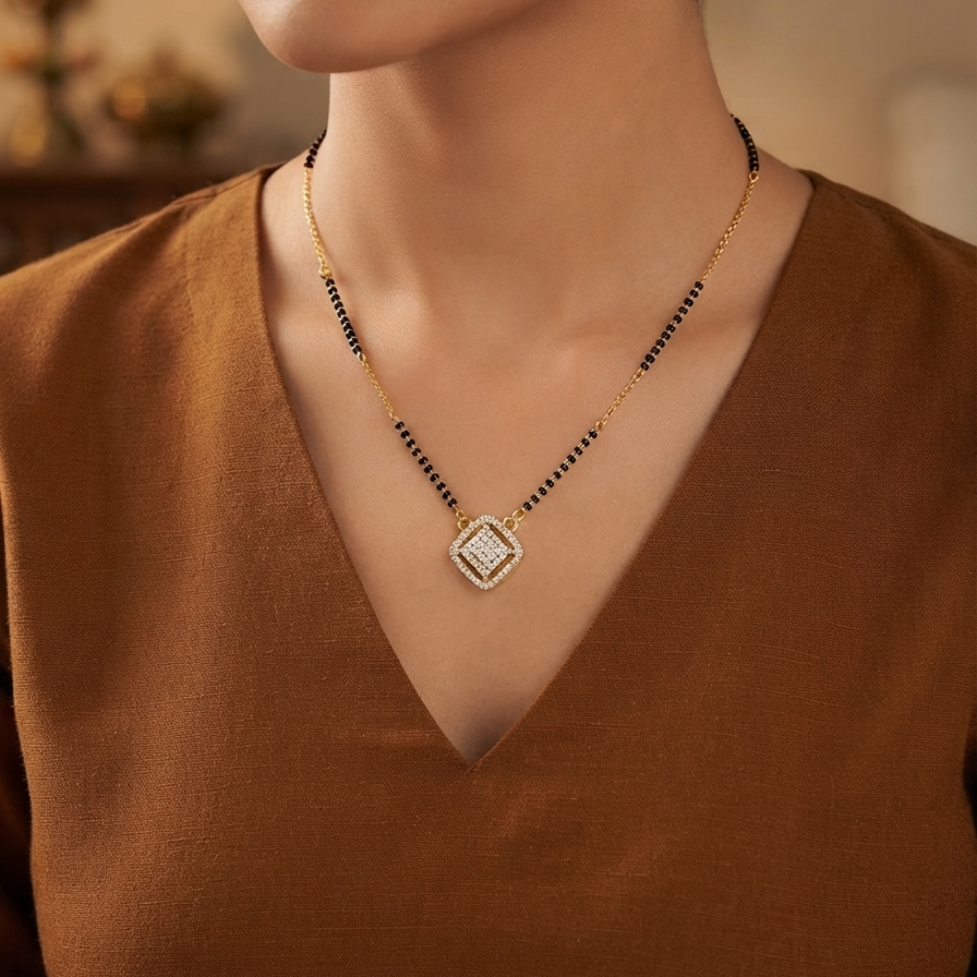 Classic Black Beads Mangalsutra With Diamonds