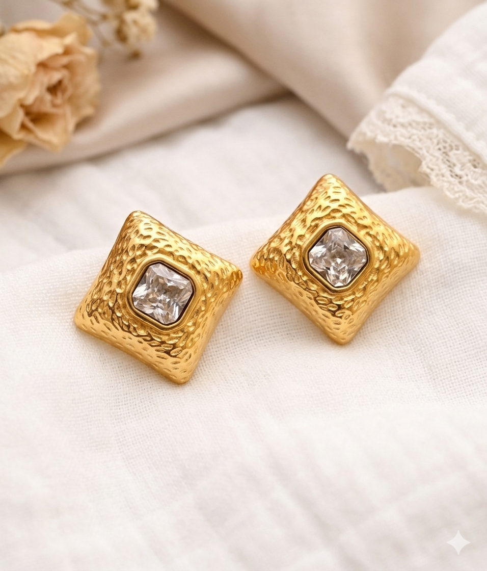 Anti-Tarnish Square Diamond Earrings