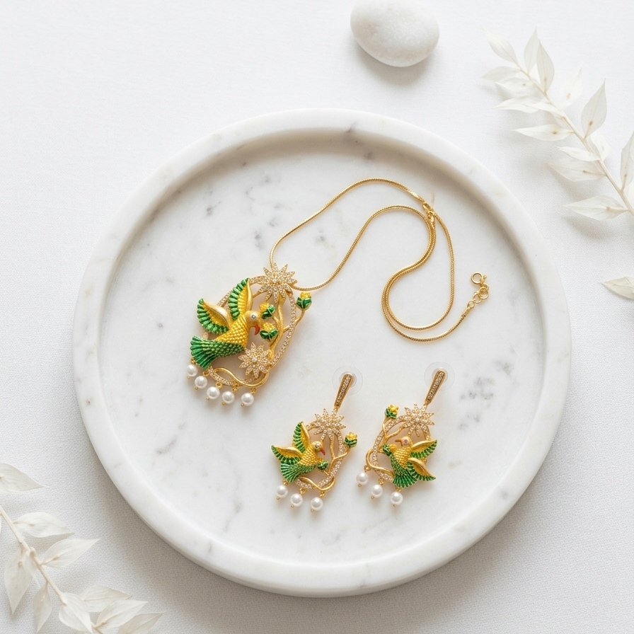 Beautiful Birds Design Pearl Drop Pendant Set