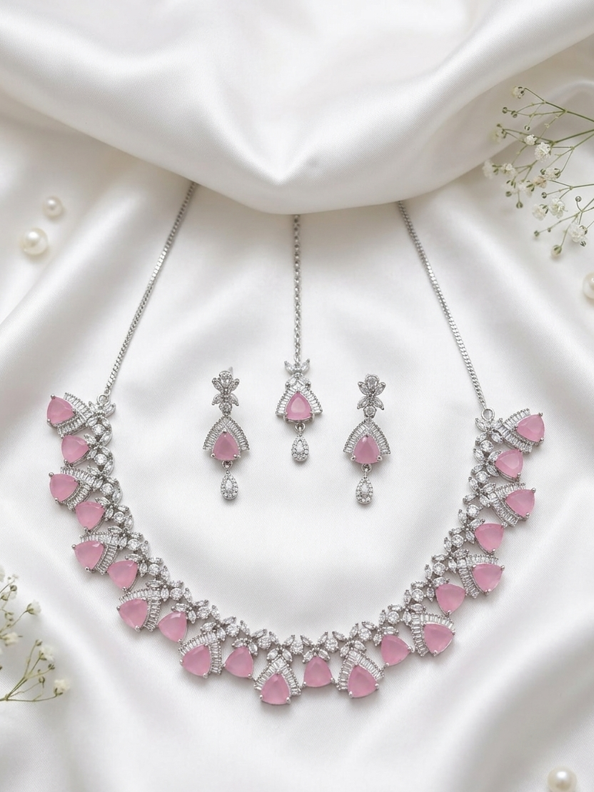 Rhodium Plated CZ Sparkling Necklace Set