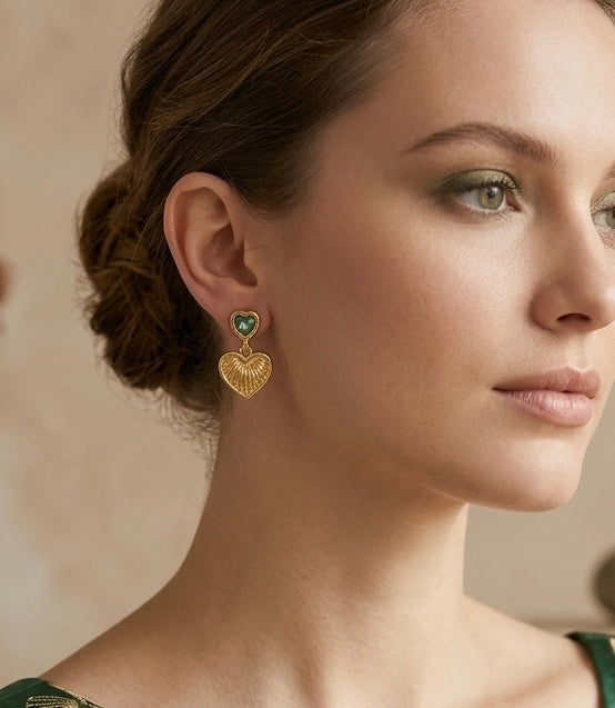 Dual Heart Green Stone Earrings