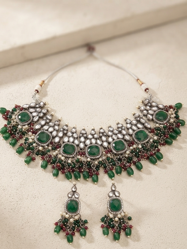 Meraki Emerald Green Polki Necklace Sets