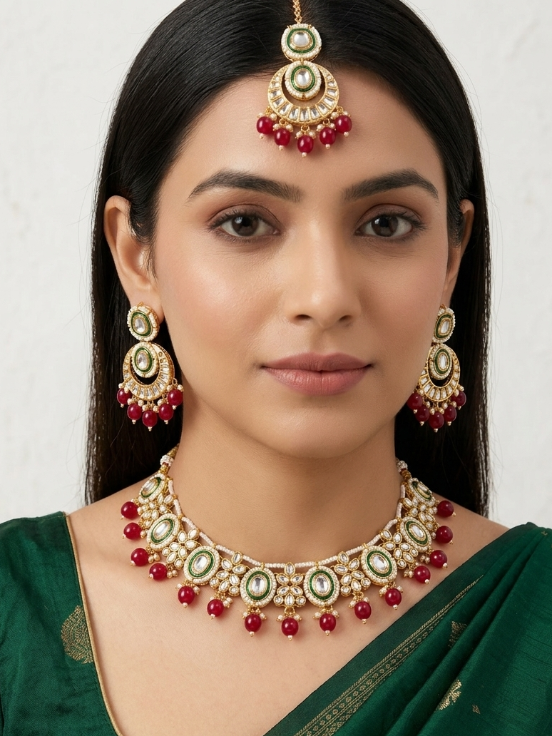 Elegant Kundan Polki Necklace Set With Mangteeka