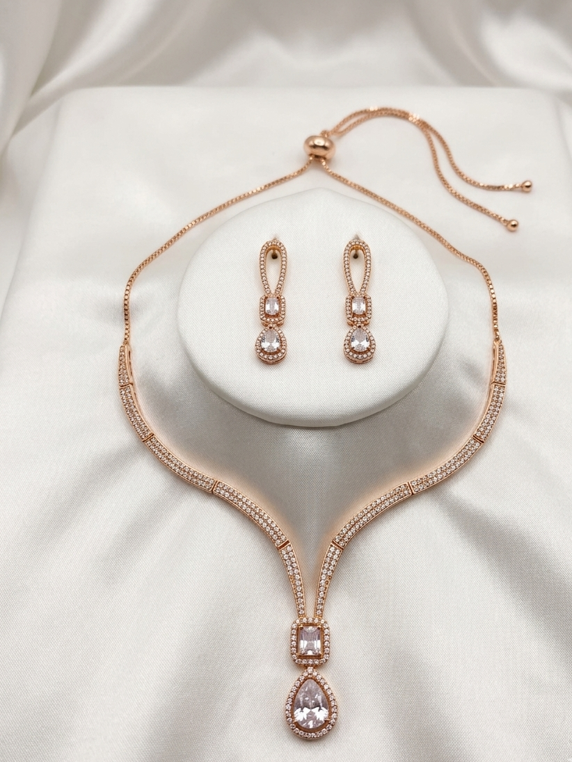American Diamond Single Lined Gold Plated Choker Set