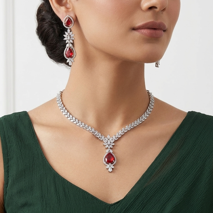 Emerald Long Blue Pendant with Earrings