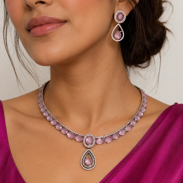 Rhodium Plated Premium Pink Zircons Studded Necklace Set