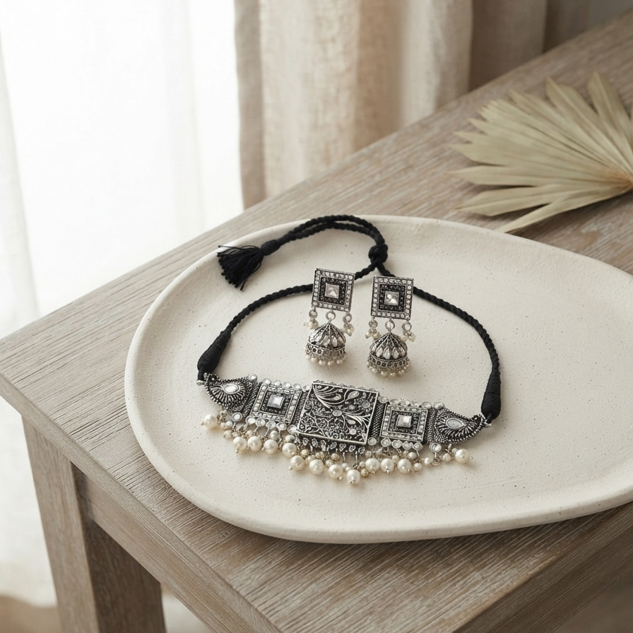 Modern Oxidized Square Shape Necklace And Earrings