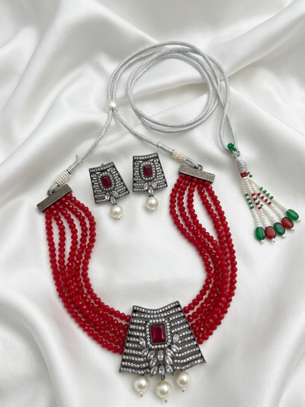 Meraki Red Choker Set with Pearl Drop