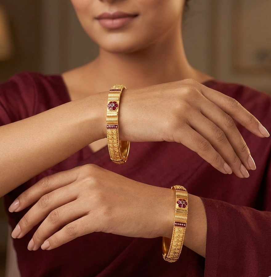 Flower Design Gold Plated Bangles