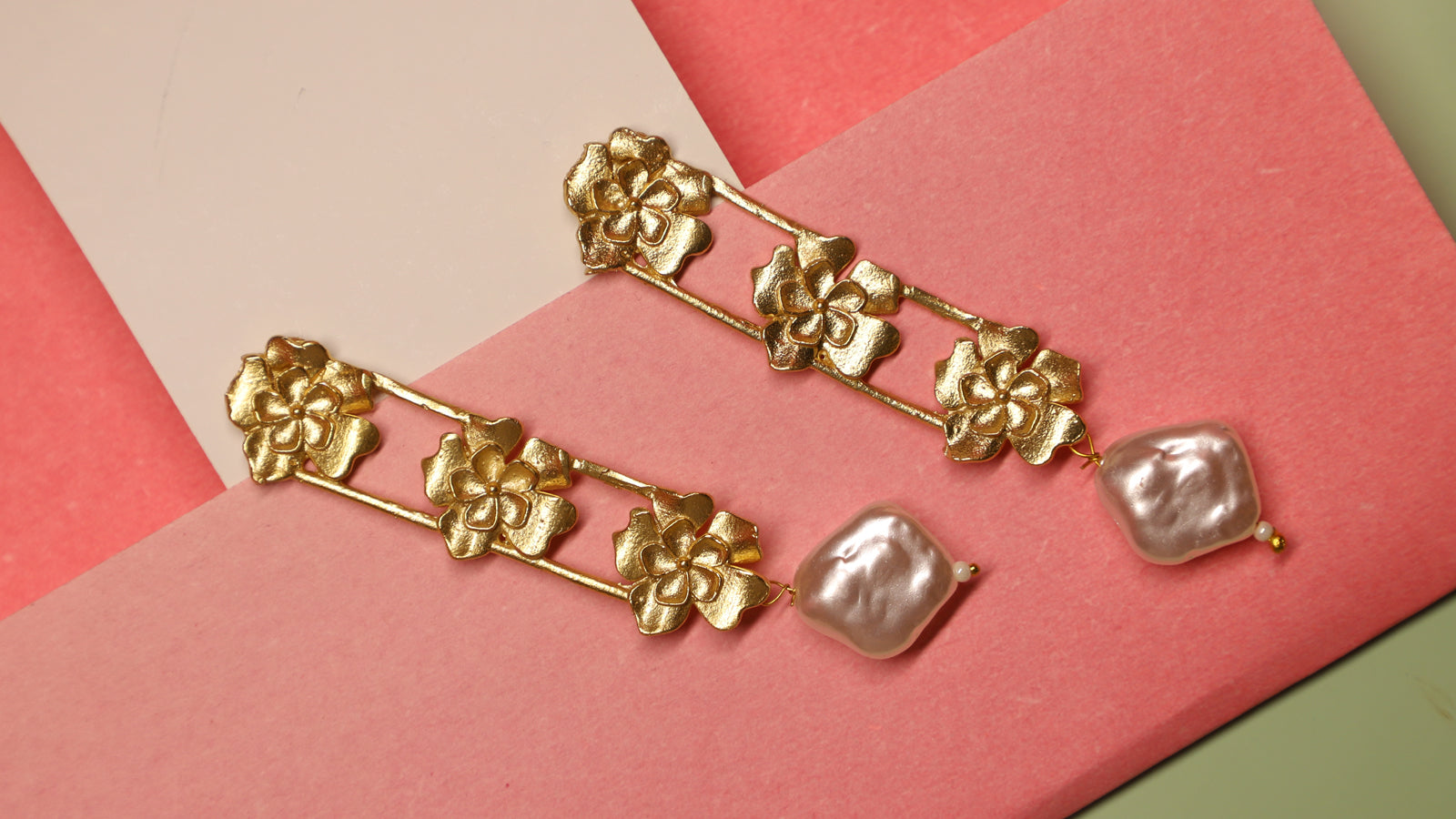 Flowers And Pearl Drop Brass Earrings