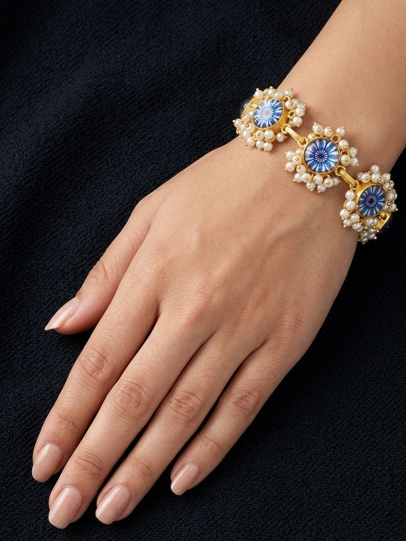 Gold Plated Blue Printed Stone with Small White Pearl Adjustable Bracelet