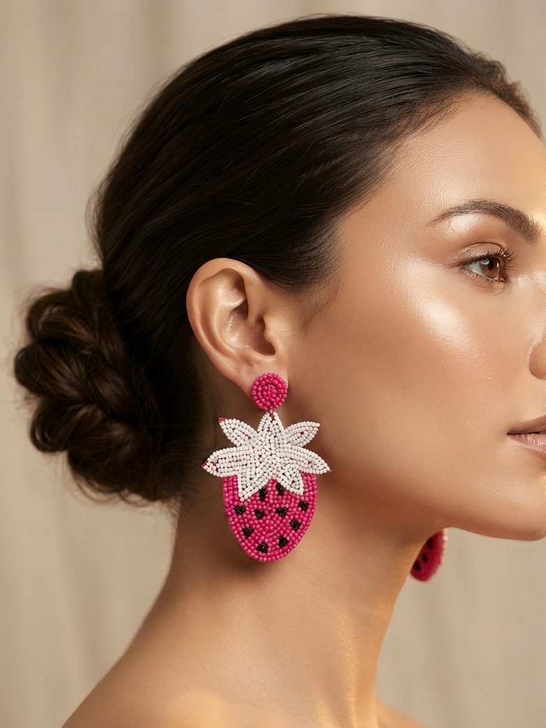 Pink Beaded Strawberry Earrings