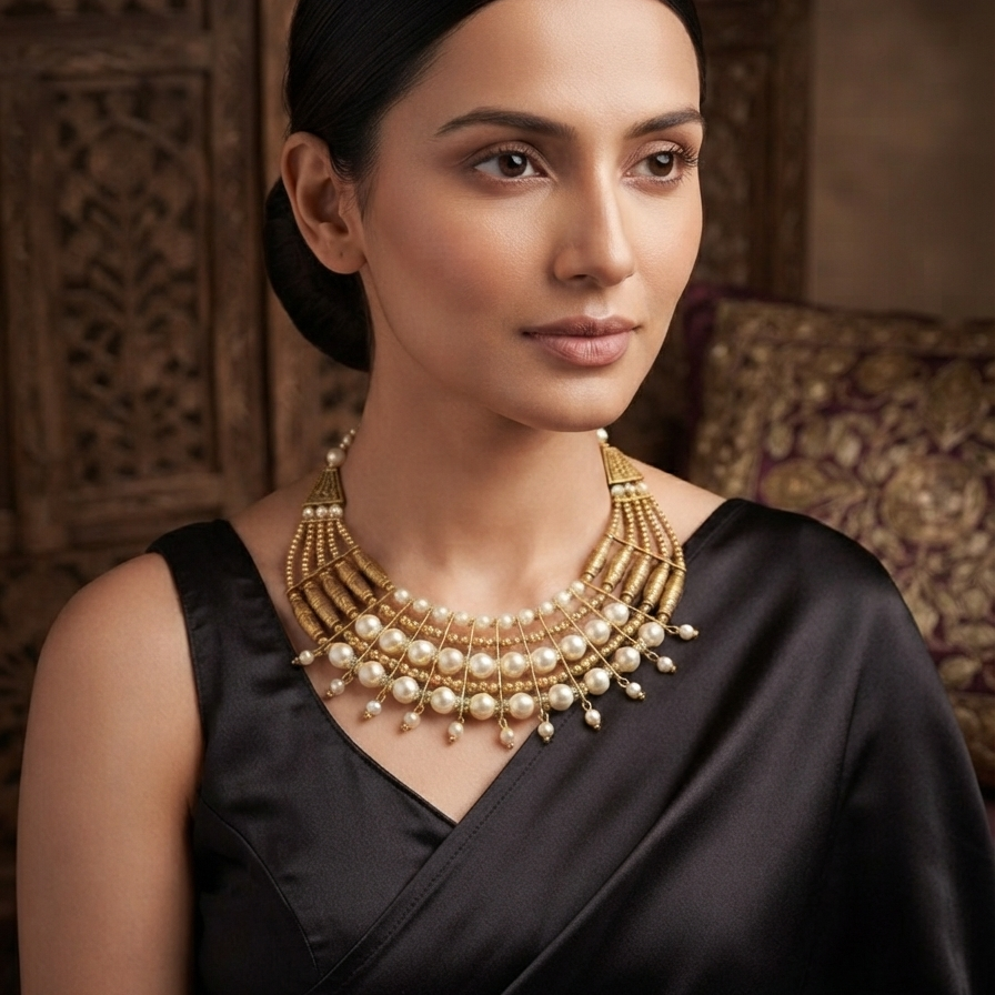 Alloy Multilayer Oxidized Black Coloured Necklace