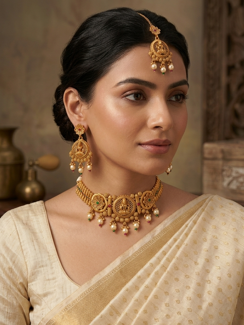 Meraki Gold Plated Flower Design Temple Jewelry Set