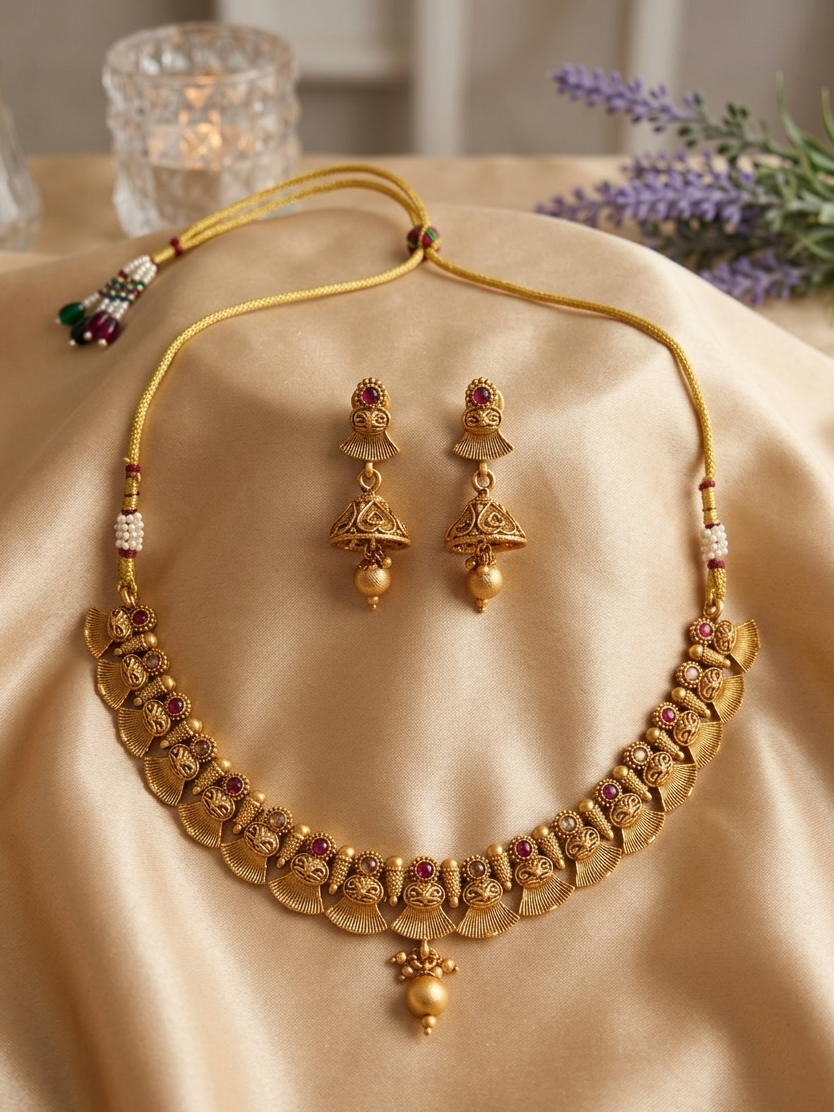 Meraki Lovely Designer Gold Plated Ruby Studded Kerala Style Necklace Set
