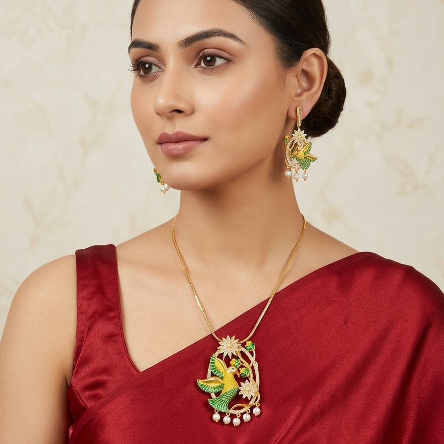 Beautiful Birds Design Pearl Drop Pendant Set