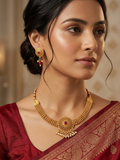 Meraki New Antique Fashionable Gold Plated necklace with Red stone