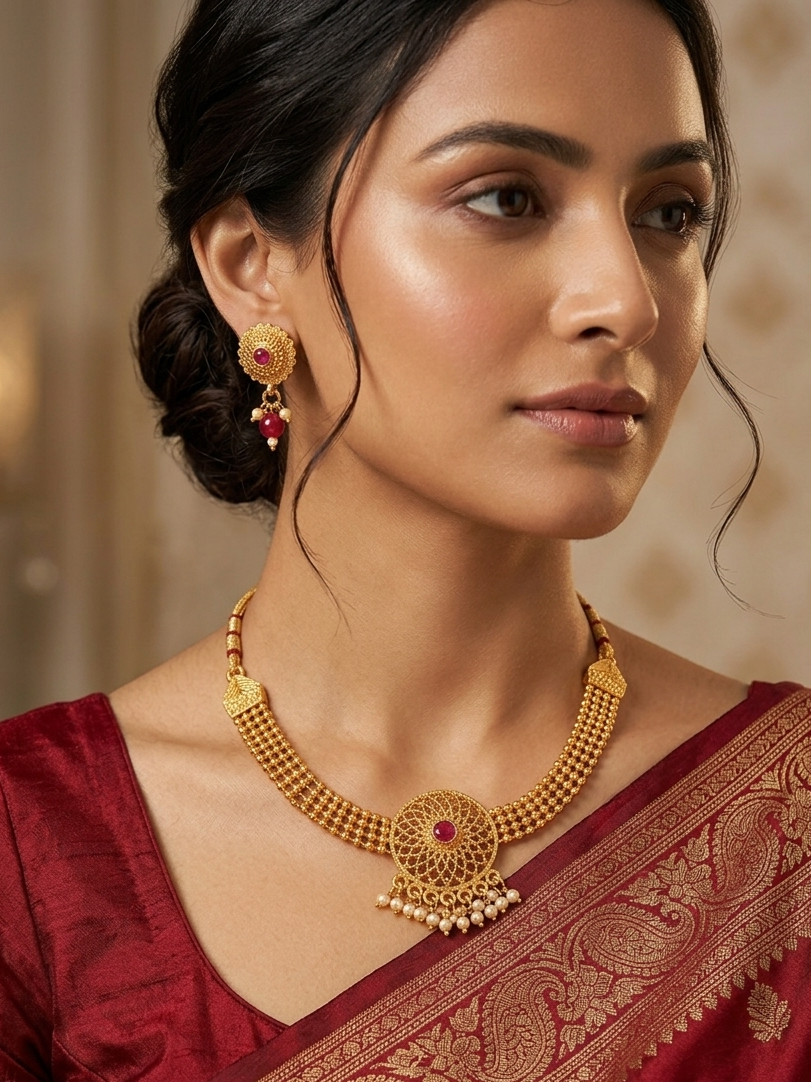 Meraki New Antique Fashionable Gold Plated necklace with Red stone