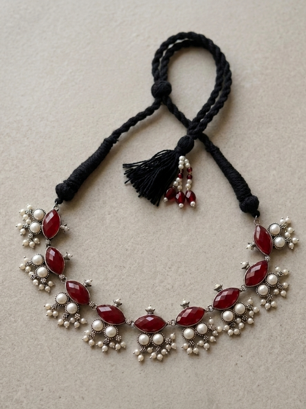 Delicate Oxidized Red Stone Necklace With Pearls