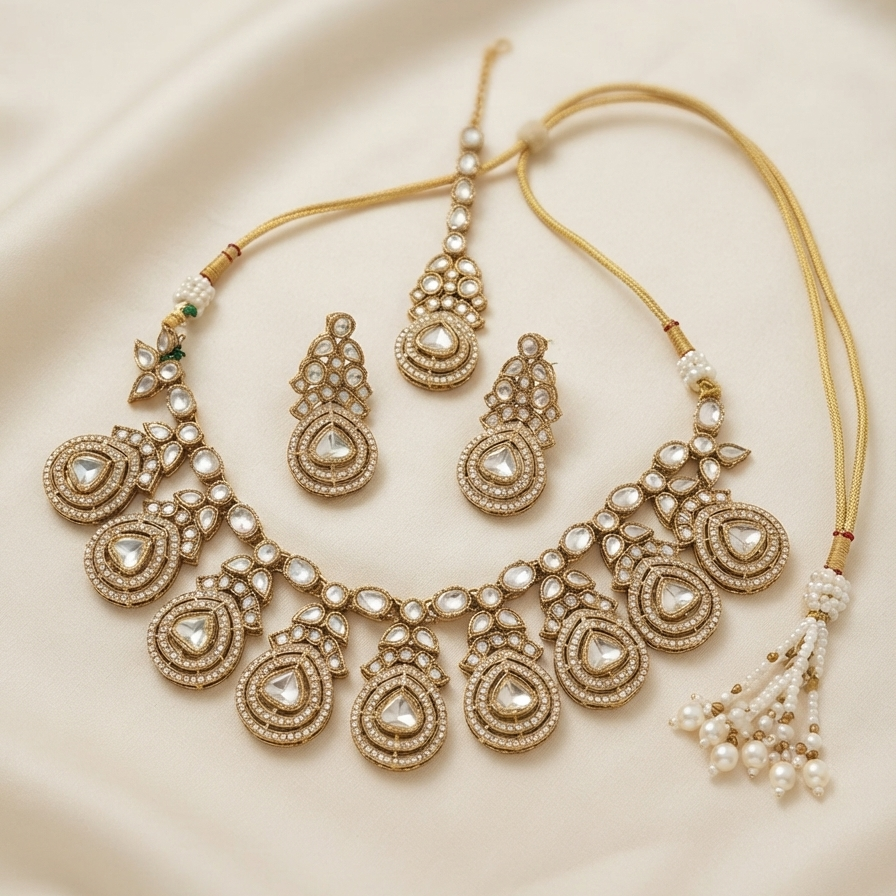 Luxury Gold Plated Polki Kundan Handcrafted Bridal Necklace Set