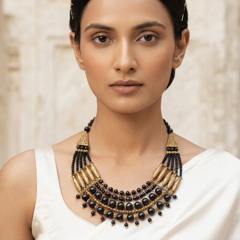 Alloy Multilayer Oxidized Black Coloured Necklace