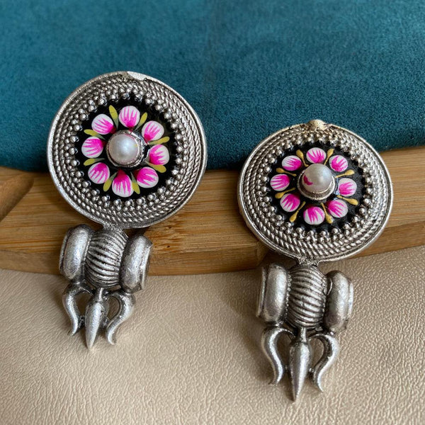 Oxidized Trisula Style Earring with Handprinted Floral Design