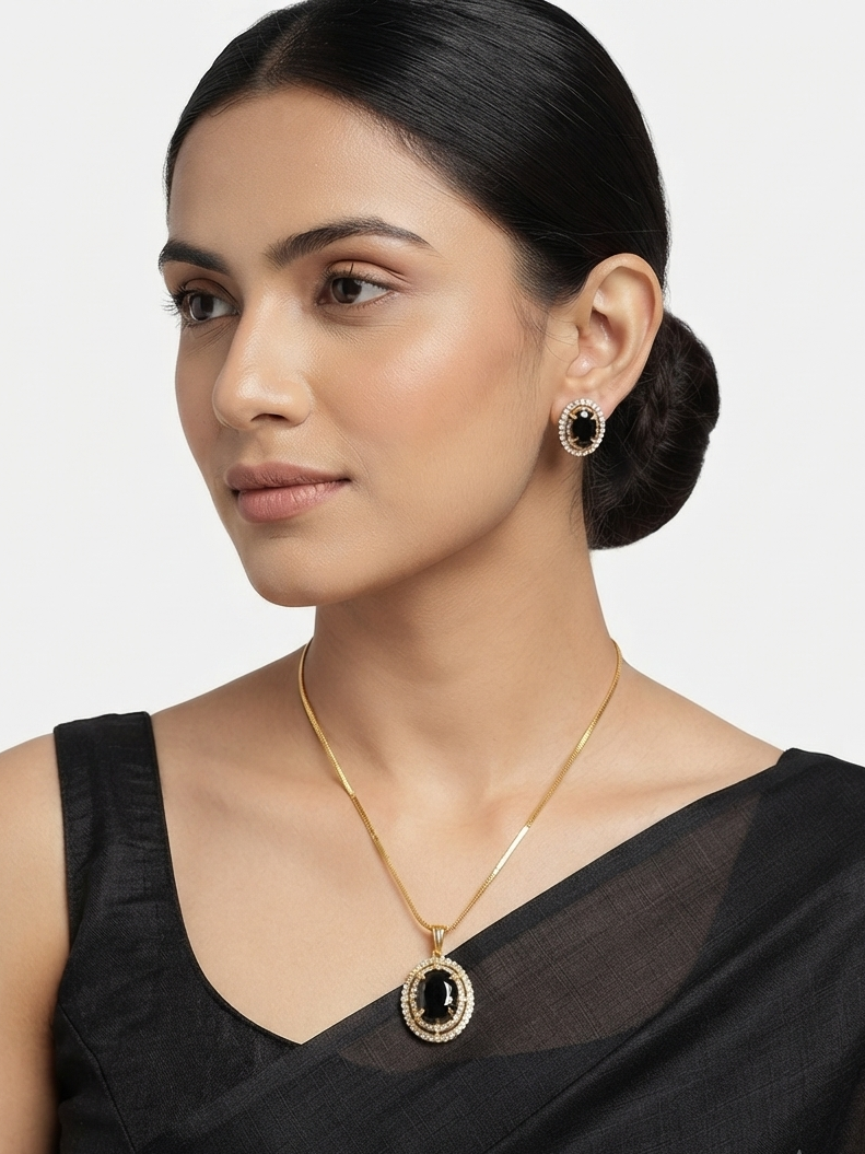 Meraki Gold plated Studded Pendant Sets with Earrings
