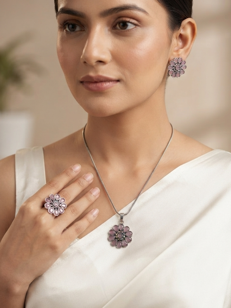 Oxidized Flower Shaped Pendant Set