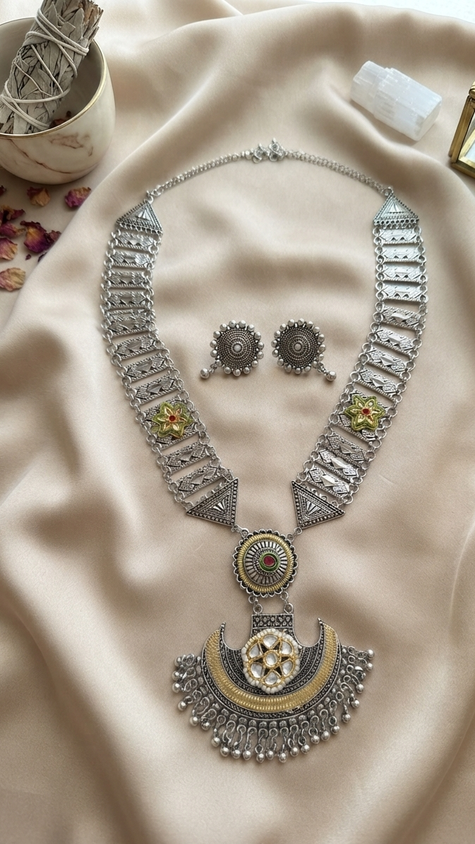 Flower Design Kundan & Oxidized Long Necklace Set